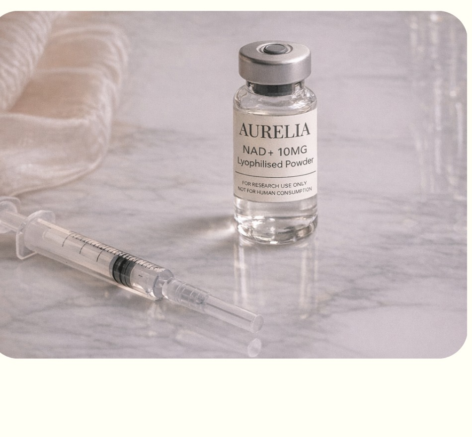 Aurelia vial and syringe on a marble surface
